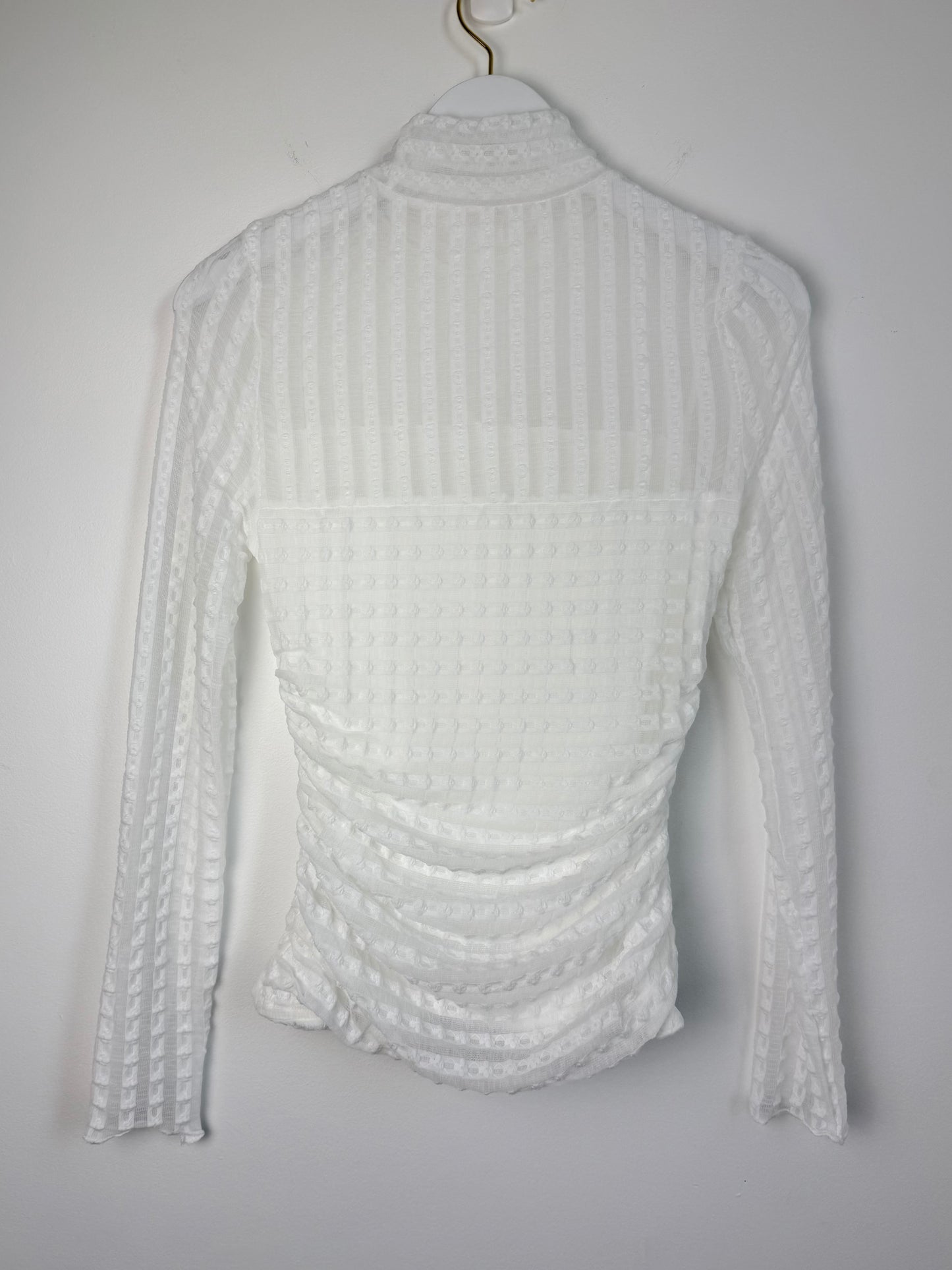 Ivory Whisper — Textured Lace High Neck Ruched Mesh Top