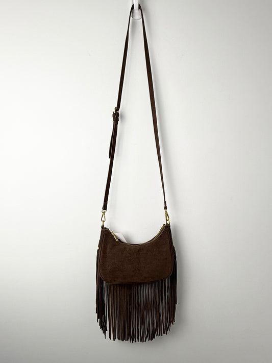 Desert Darling — Dark Brown Fringe Faux Suede Crossbody Bag
