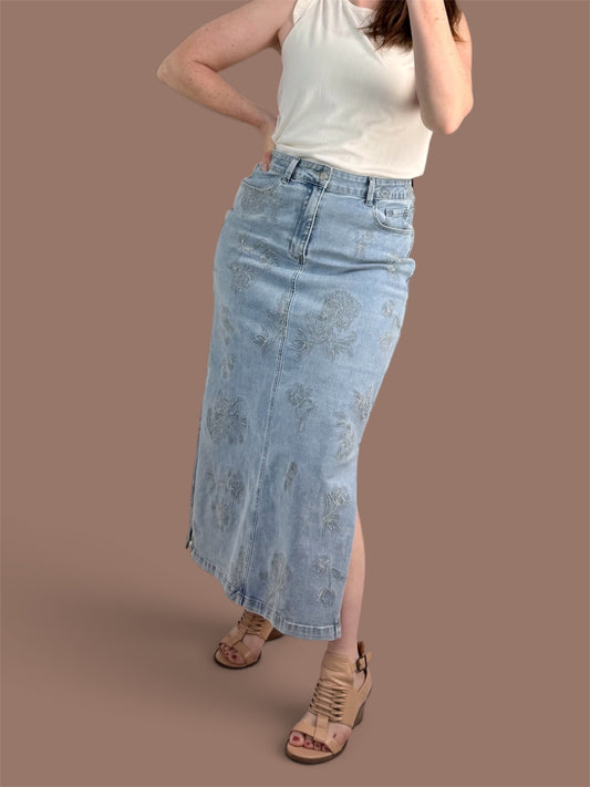 Floral Etch-Embroidered Denim Skirt