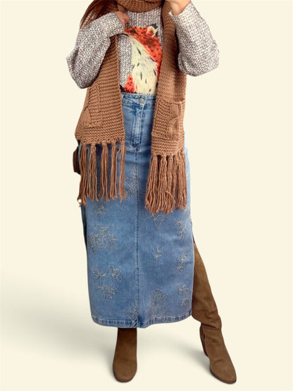 Floral Etch-Embroidered Denim Skirt