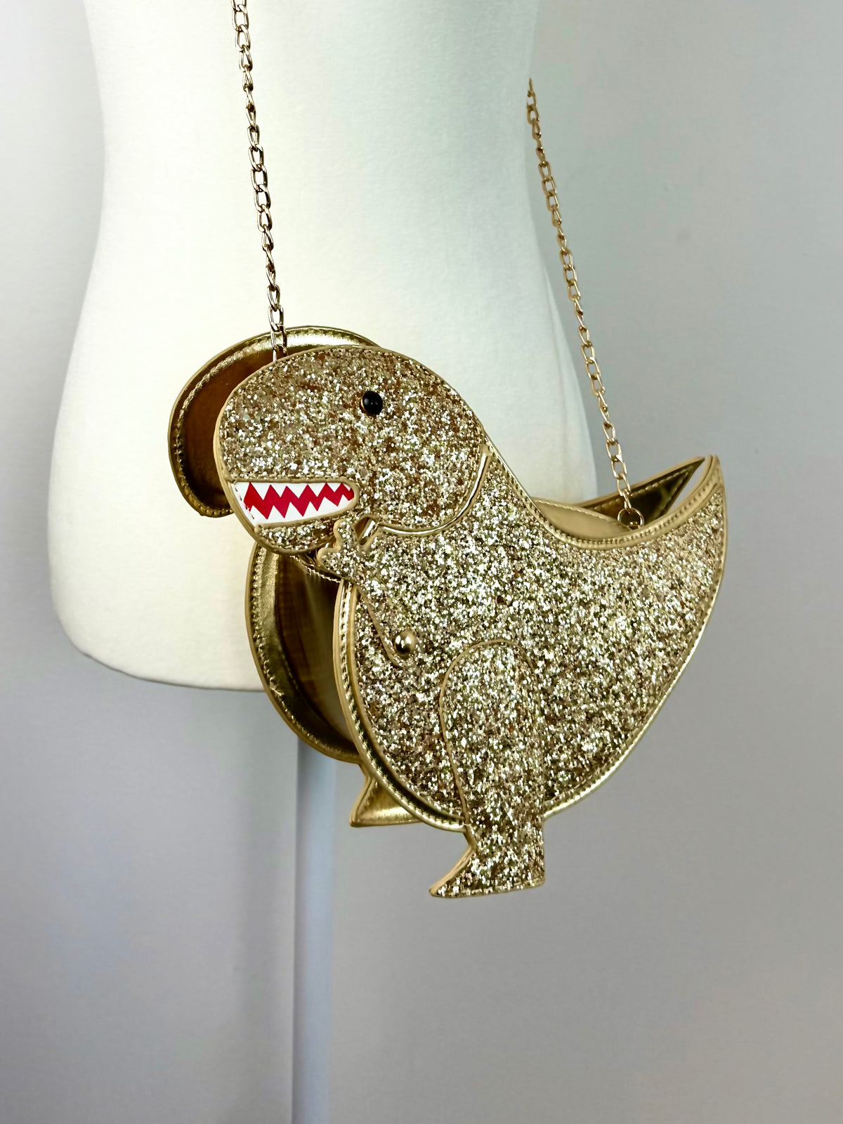 Jurassic Glam — Gold Glitter T-Rex Dinosaur Clutch with Chain Strap