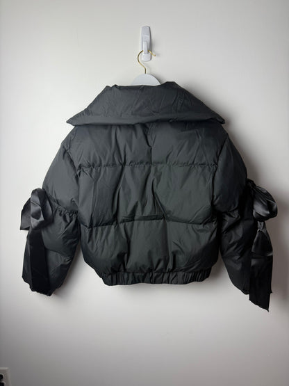 Midnight Ribbon Puffer Jacket – Feminine, Warm & Boldly Styled