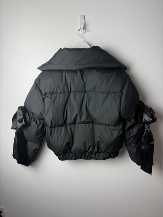 Midnight Ribbon Puffer Jacket – Feminine, Warm & Boldly Styled