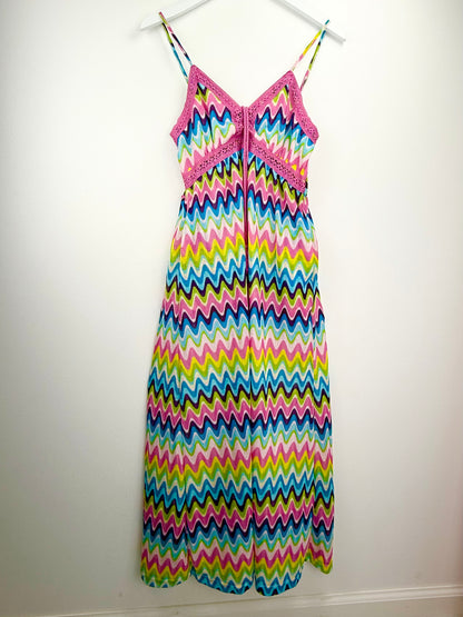 Waves of Summer Maxi Dress – Multicolor Tassel Detail & Crochet Accents