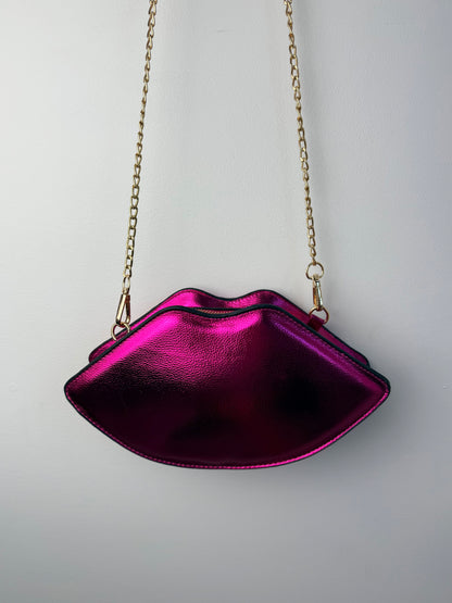 Kiss Me Fashion Clutch — Hot Pink Metallic Lips Novelty Purse