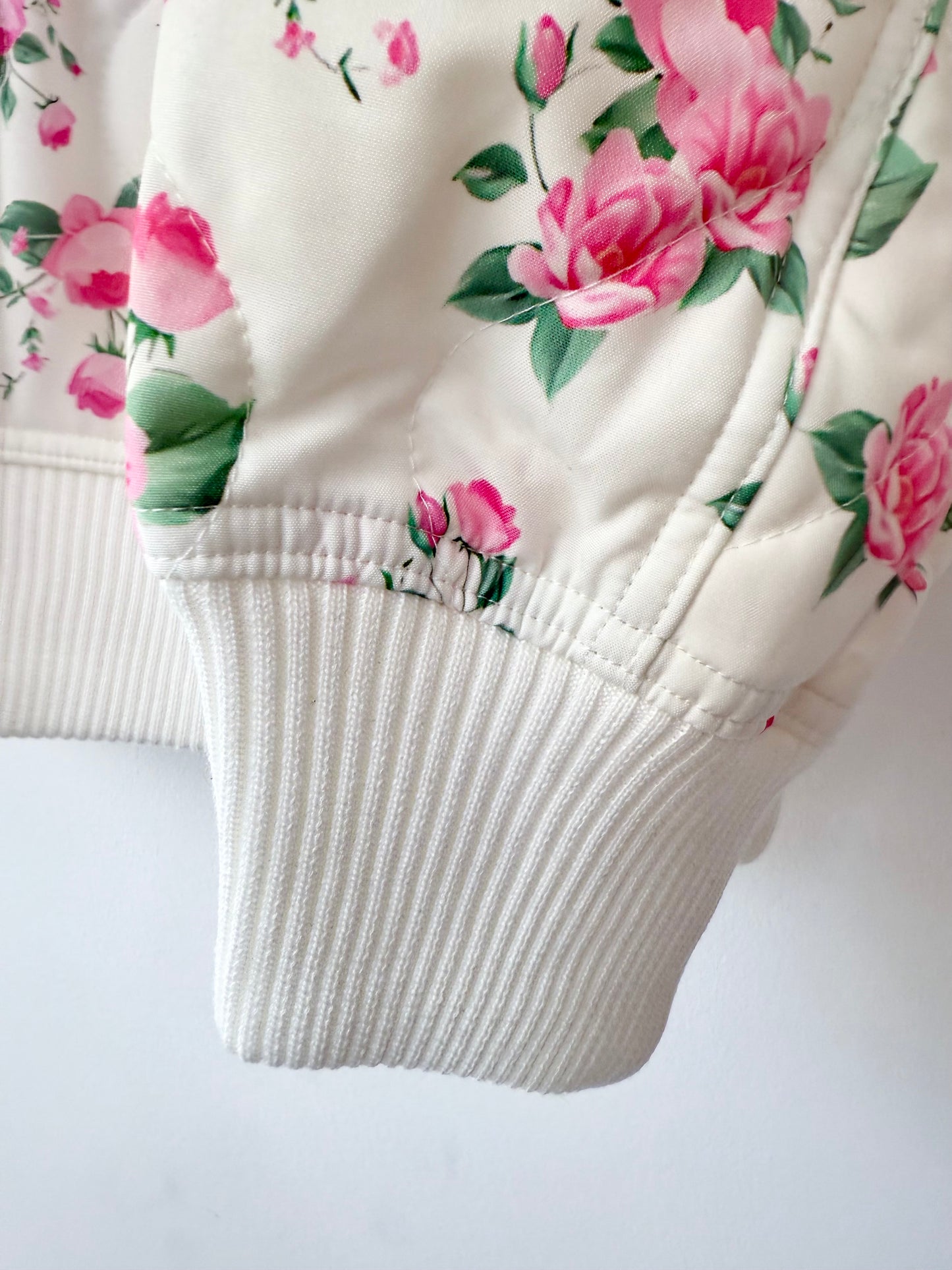 Oversized Quilted Bomber Jacket with Rose Pattern