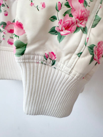 Oversized Quilted Bomber Jacket with Rose Pattern