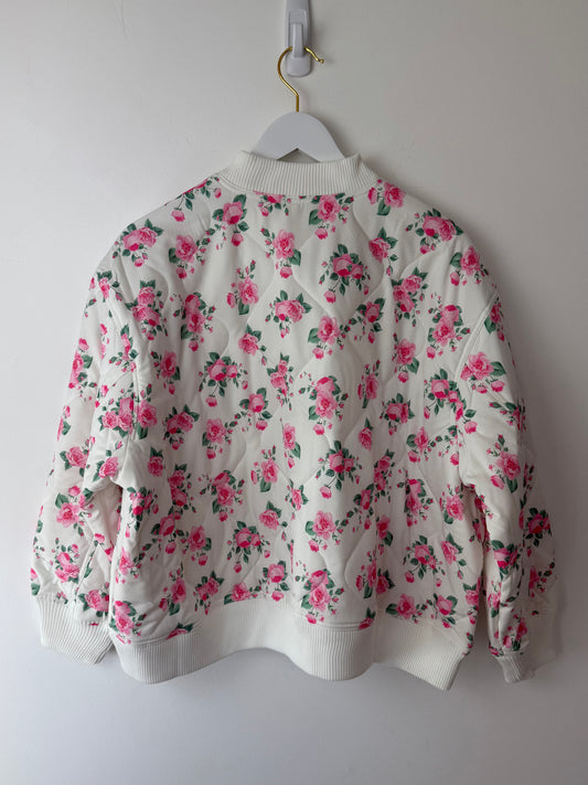 Oversized Quilted Bomber Jacket with Rose Pattern