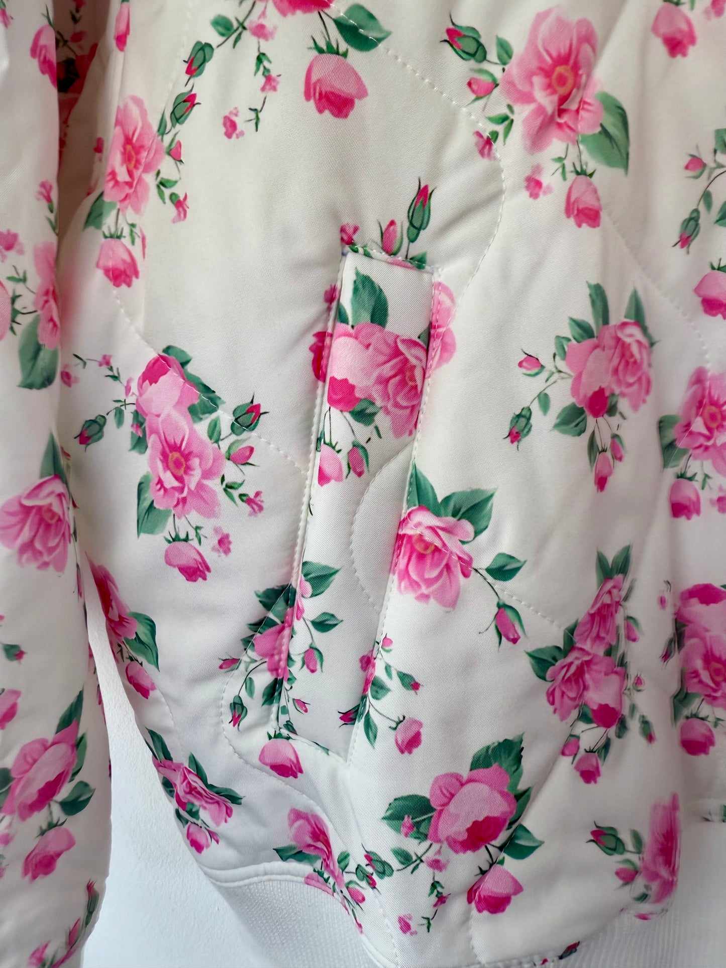 Oversized Quilted Bomber Jacket with Rose Pattern