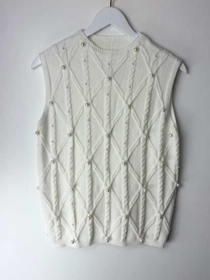 Sleeveless High Neck Pearl Embellished Sweater