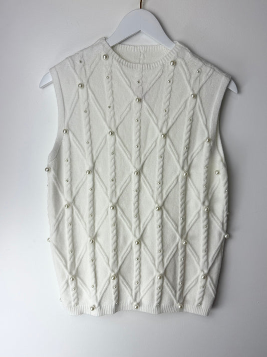 Sleeveless High Neck Pearl Embellished Sweater