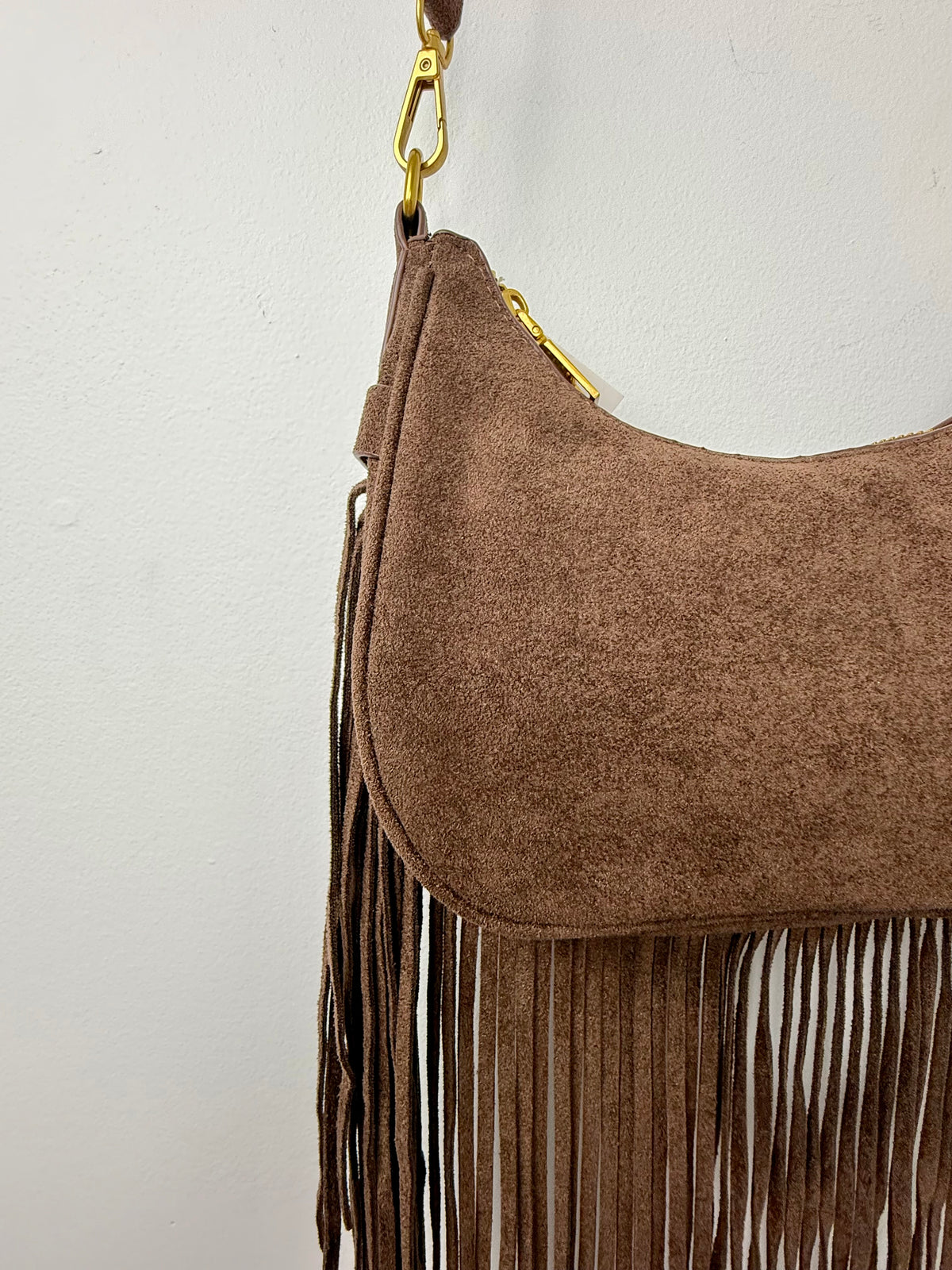 Desert Darling — Dark Brown Fringe Faux Suede Crossbody Bag