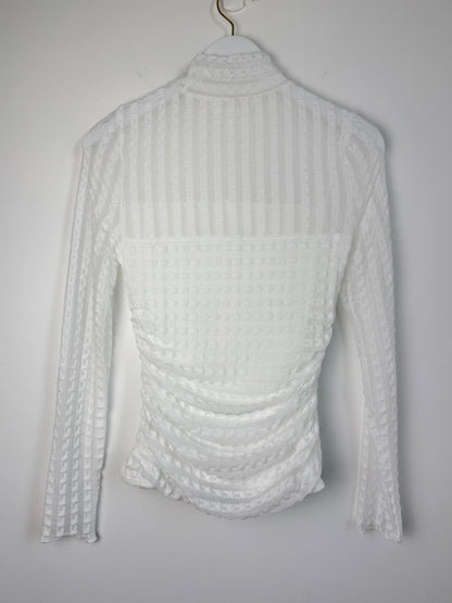 Ivory Whisper — Textured Lace High Neck Ruched Mesh Top