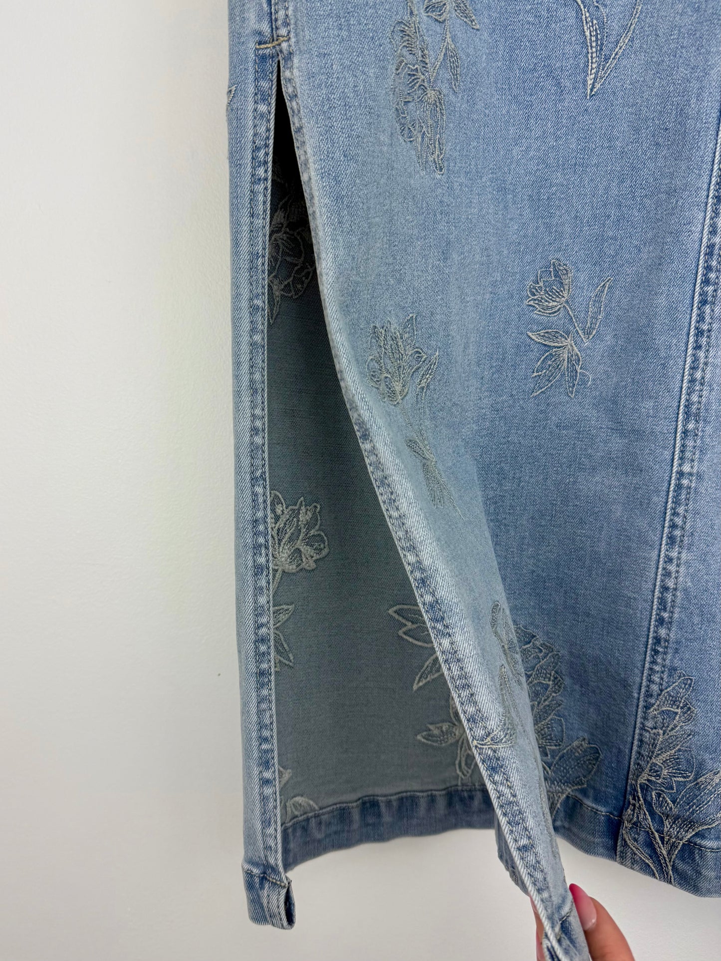 Floral Etch-Embroidered Denim Skirt