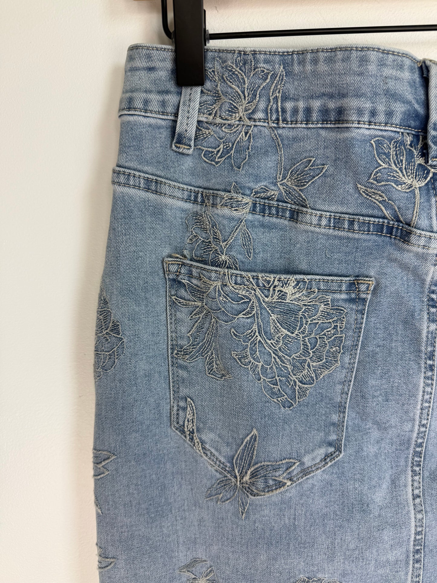 Floral Etch-Embroidered Denim Skirt