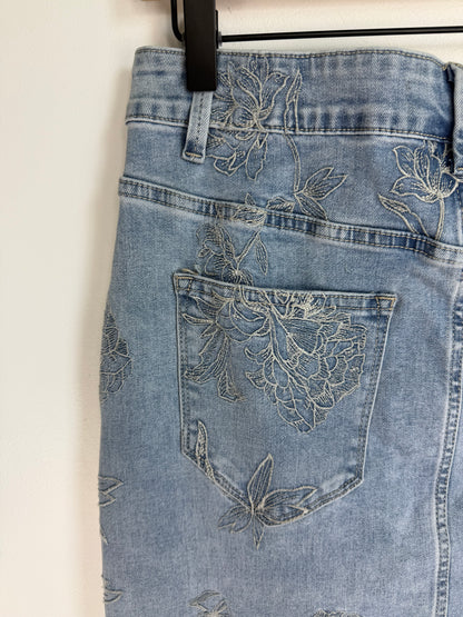 Floral Etch-Embroidered Denim Skirt