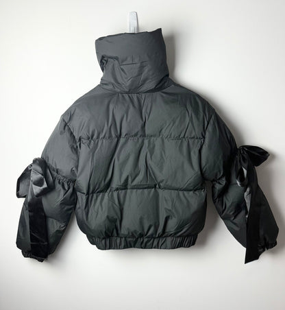 Midnight Ribbon Puffer Jacket – Feminine, Warm & Boldly Styled
