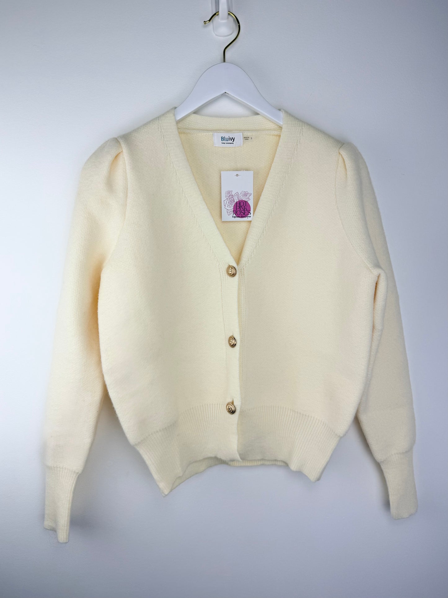 Elevé-Ivory V-Neck Button-Down Cardigan