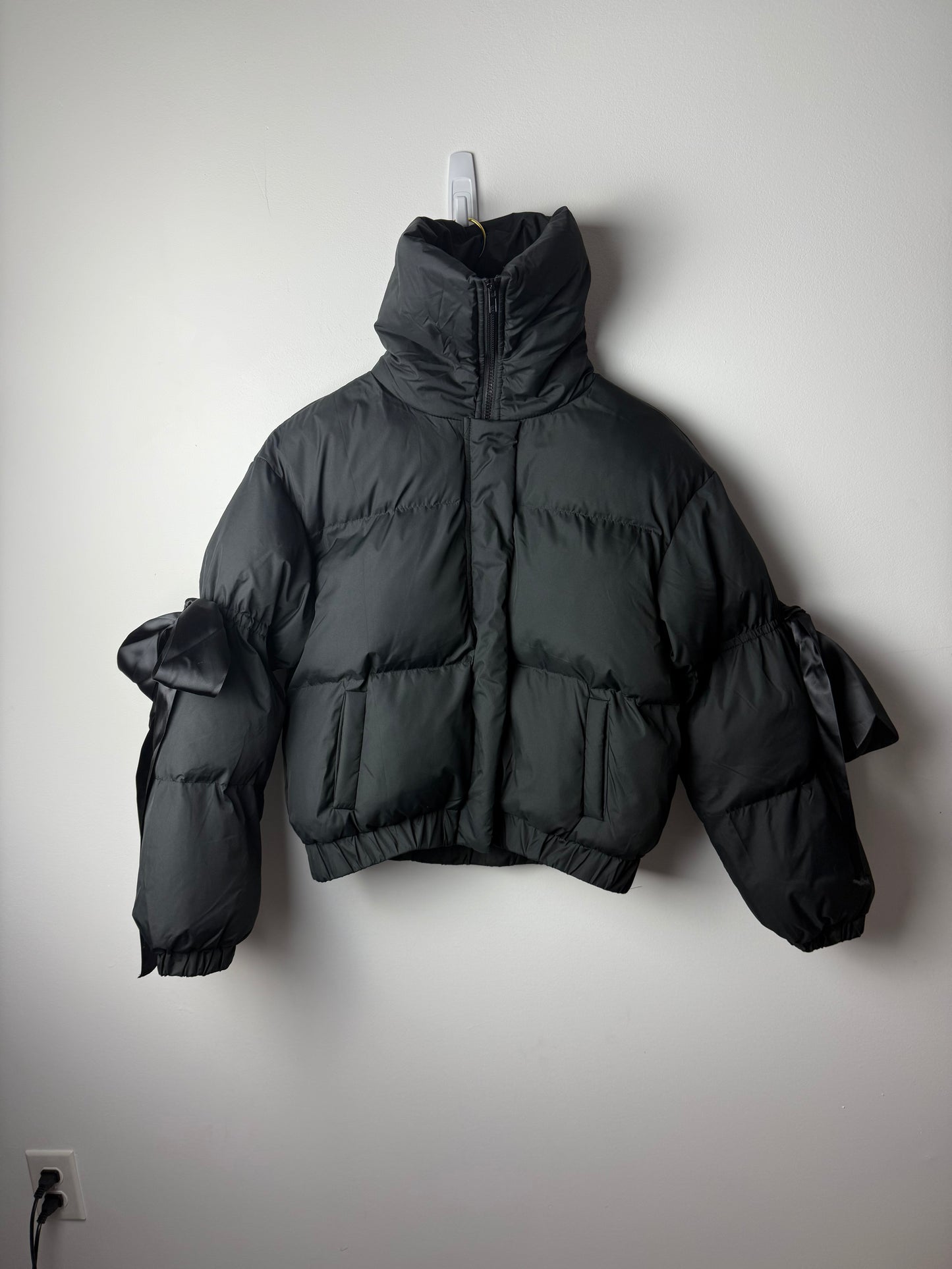 Midnight Ribbon Puffer Jacket – Feminine, Warm & Boldly Styled