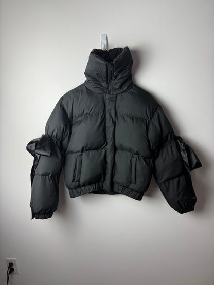 Midnight Ribbon Puffer Jacket – Feminine, Warm & Boldly Styled