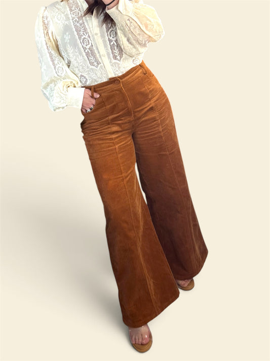 Mabel — Camel Corduroy High-Waisted Wide-Leg Pants with Pockets