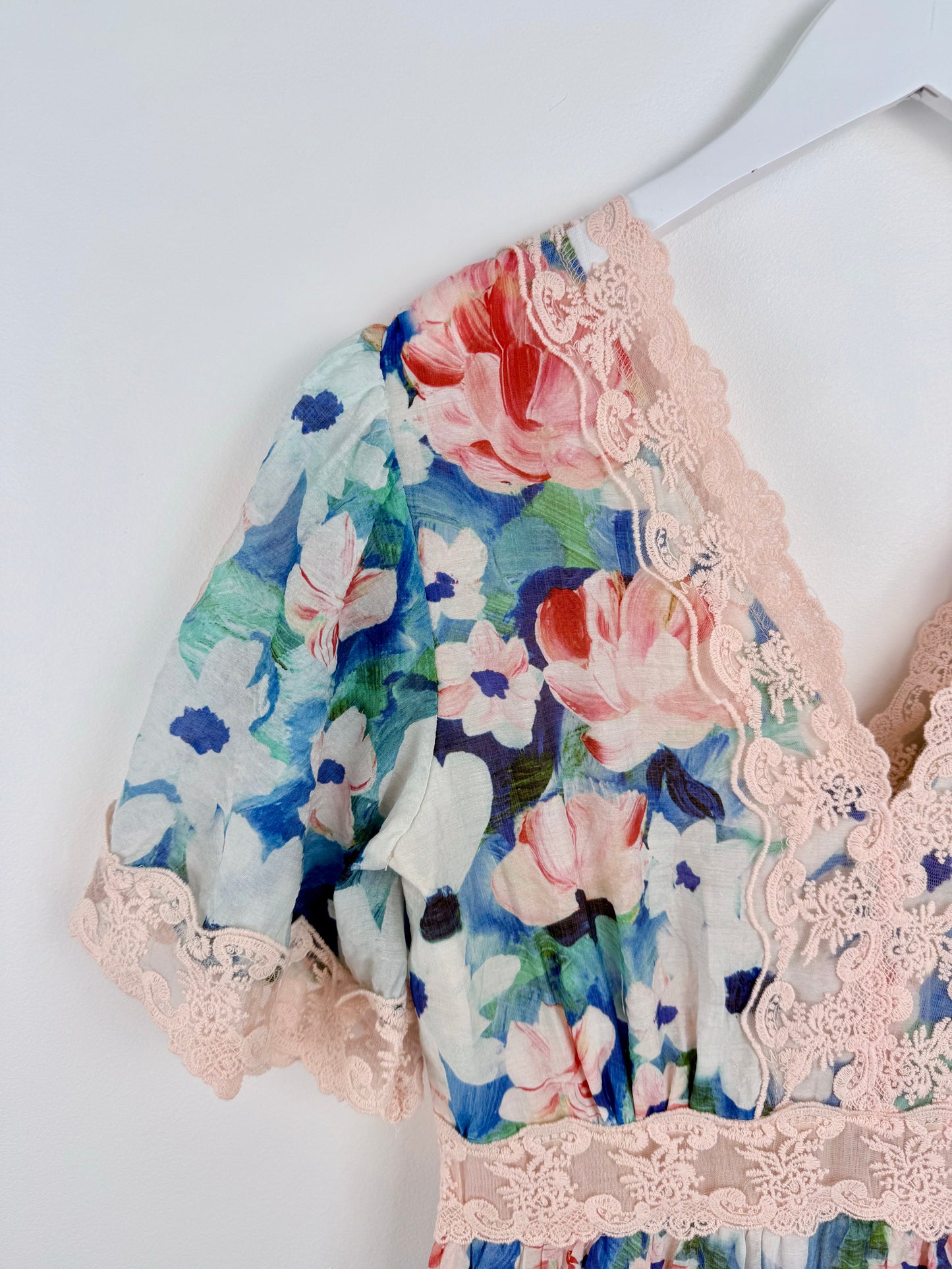 Painted Petals-Flutter Sleeve Lace Maxi