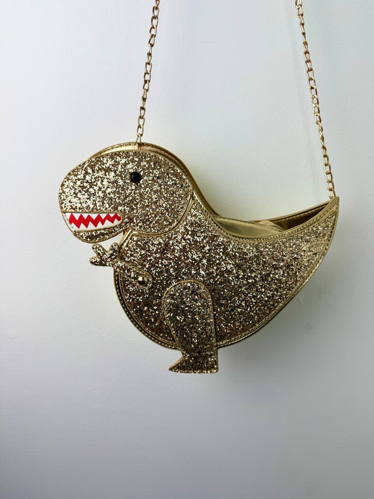 Jurassic Glam — Gold Glitter T-Rex Dinosaur Clutch with Chain Strap