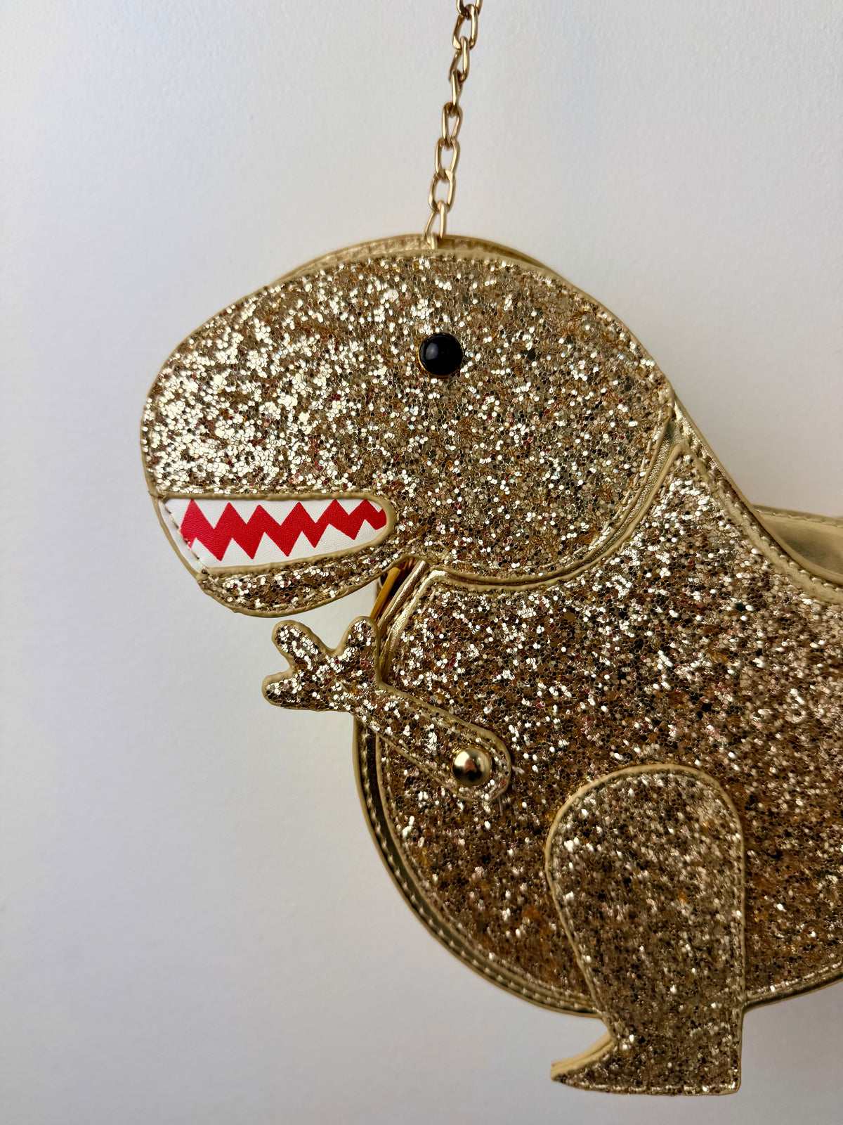 Jurassic Glam — Gold Glitter T-Rex Dinosaur Clutch with Chain Strap