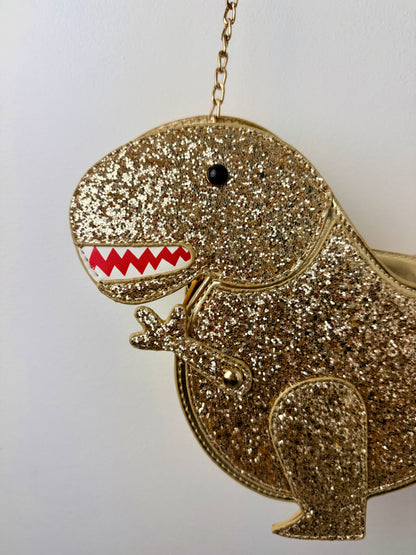 Jurassic Glam — Gold Glitter T-Rex Dinosaur Clutch with Chain Strap