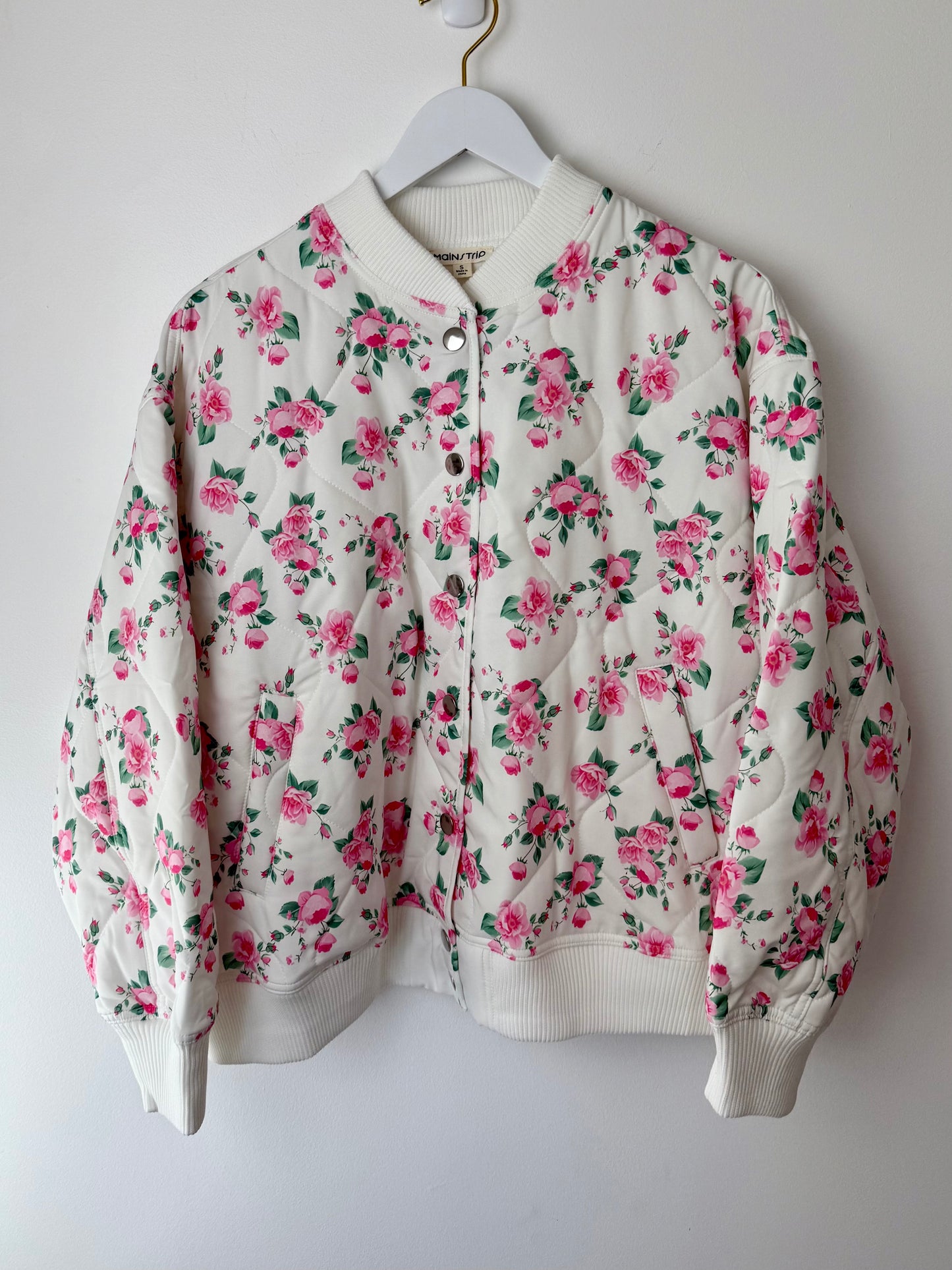 Oversized Quilted Bomber Jacket with Rose Pattern
