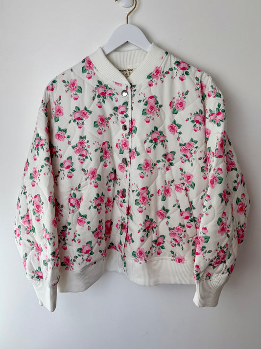 Oversized Quilted Bomber Jacket with Rose Pattern