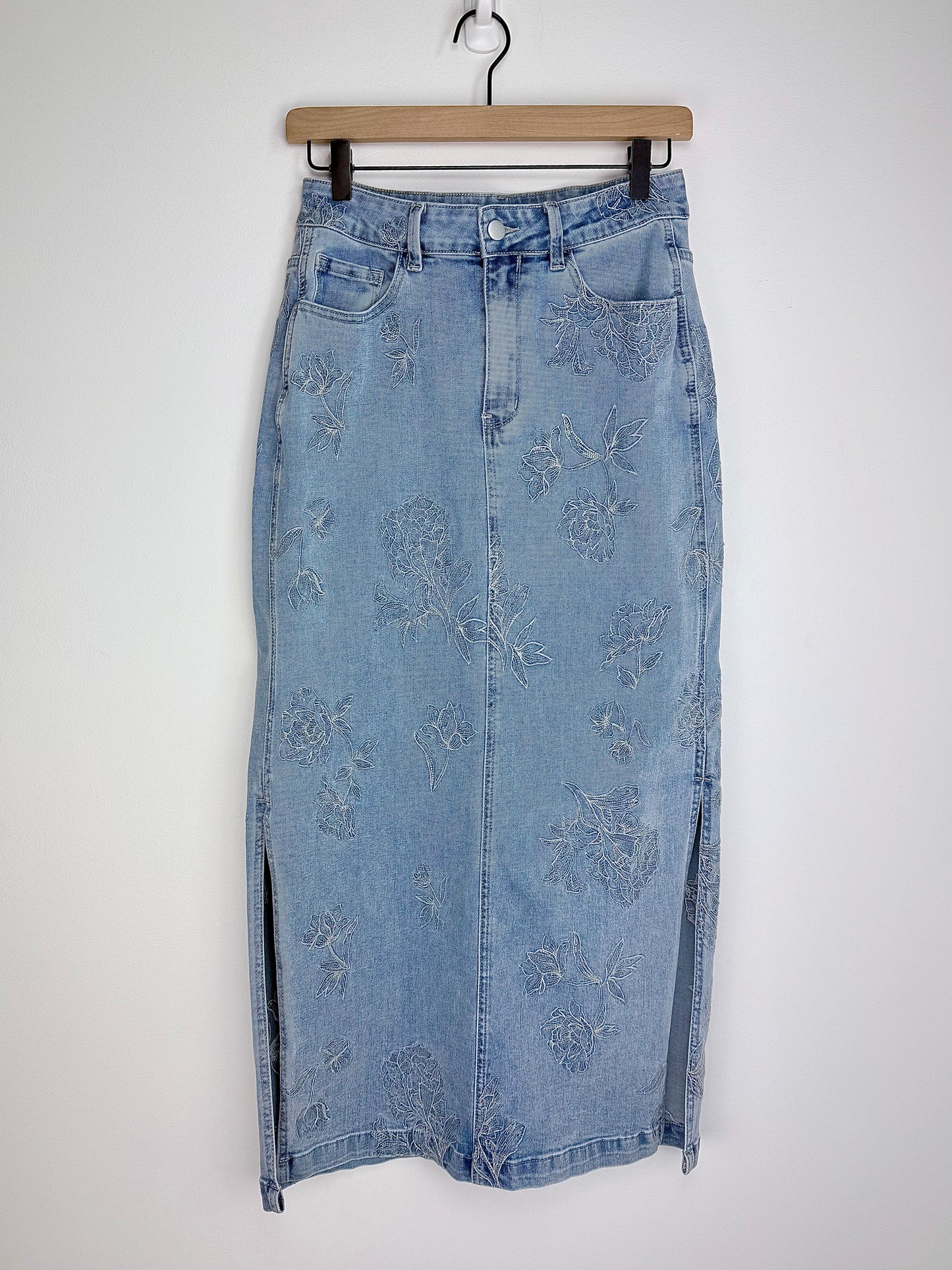 Floral Etch-Embroidered Denim Skirt