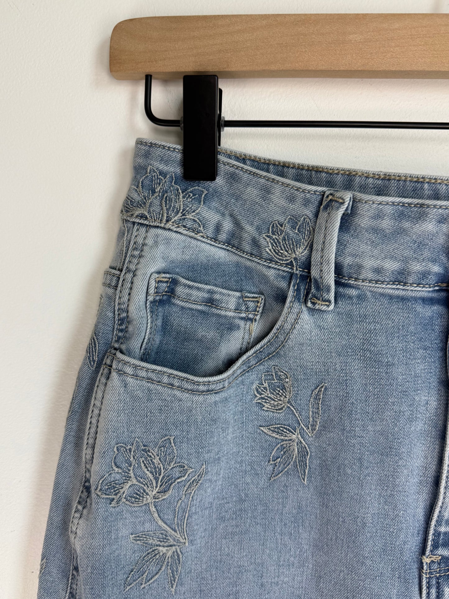 Floral Etch-Embroidered Denim Skirt