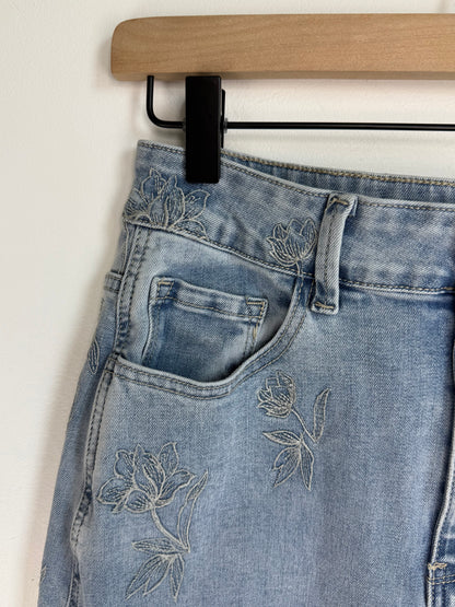 Floral Etch-Embroidered Denim Skirt