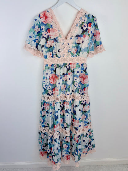 Painted Petals-Flutter Sleeve Lace Maxi