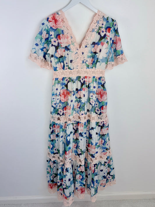 Painted Petals-Flutter Sleeve Lace Maxi