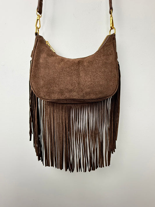 Desert Darling — Dark Brown Fringe Faux Suede Crossbody Bag