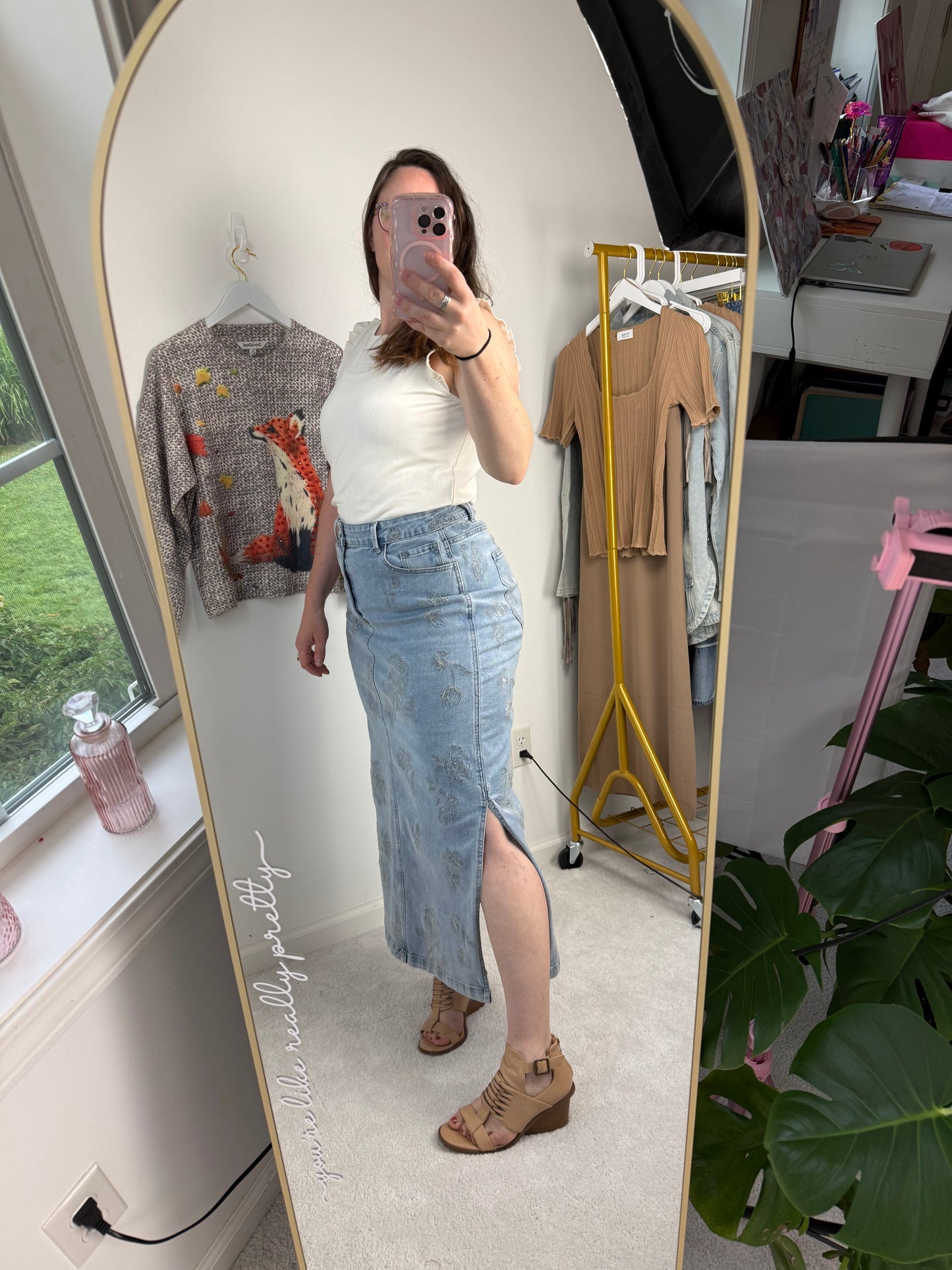 Floral Etch-Embroidered Denim Skirt