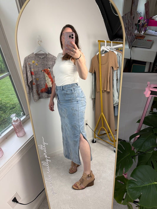 Floral Etch-Embroidered Denim Skirt