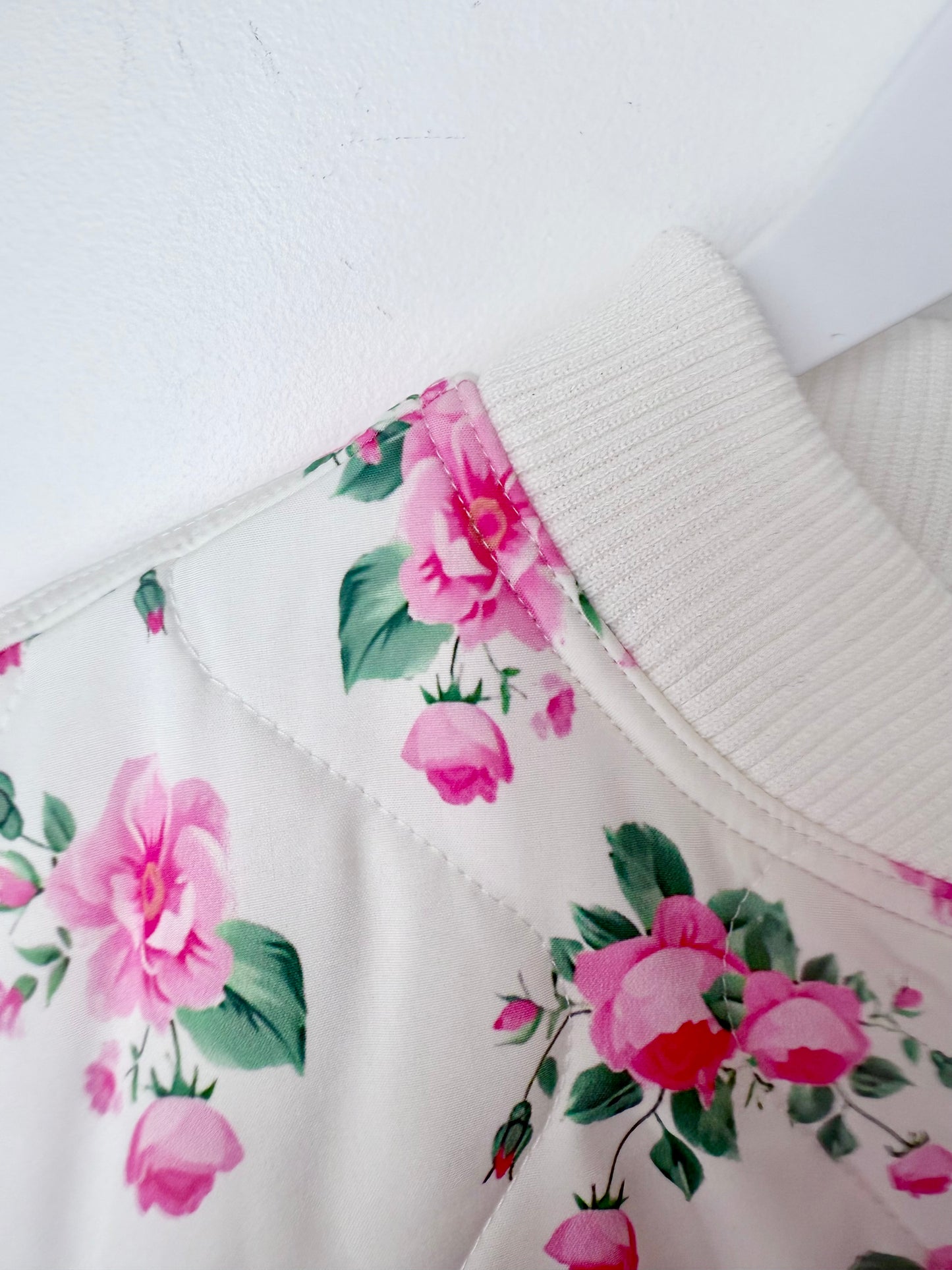 Oversized Quilted Bomber Jacket with Rose Pattern
