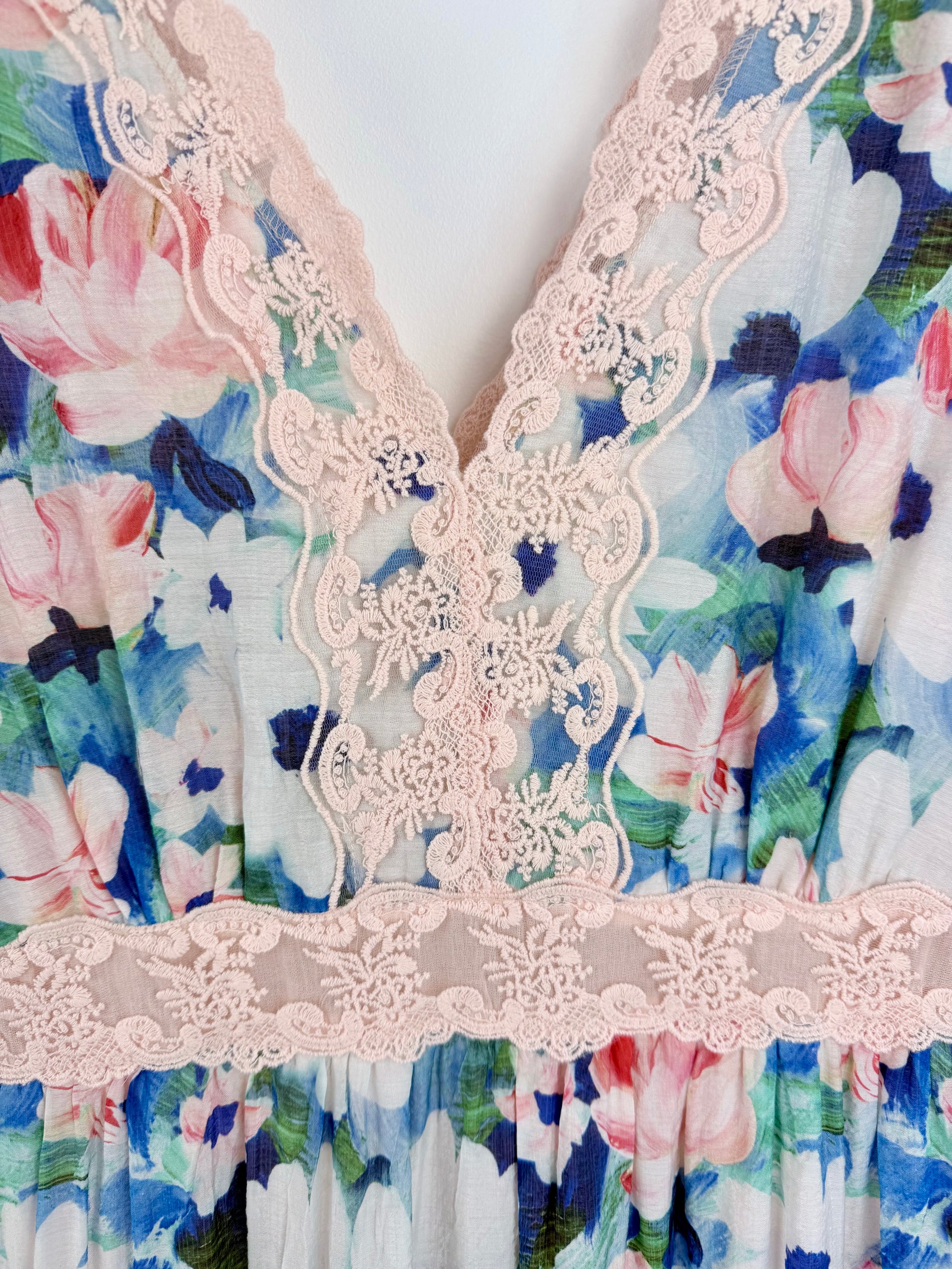 Painted Petals-Flutter Sleeve Lace Maxi Hot Pink Roses Painted Petals-Flutter Sleeve Lace Maxi Hot Pink Roses