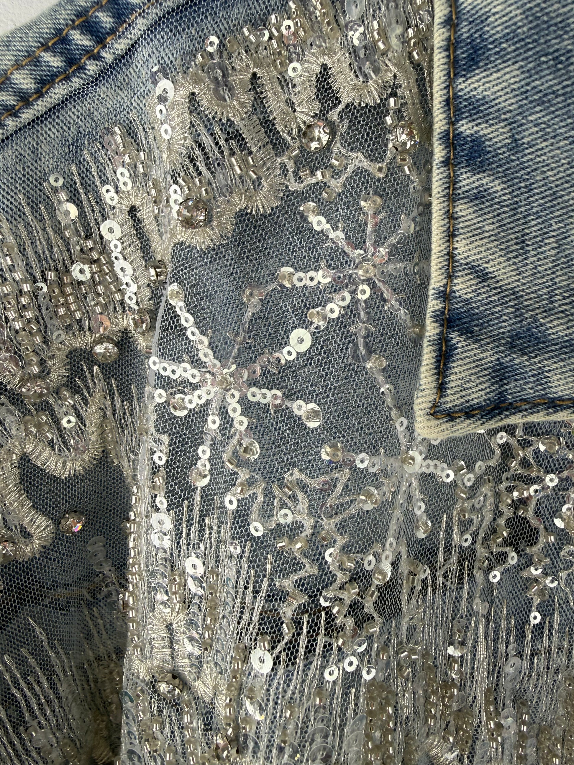 Close-up of sequined fabric with denim texture