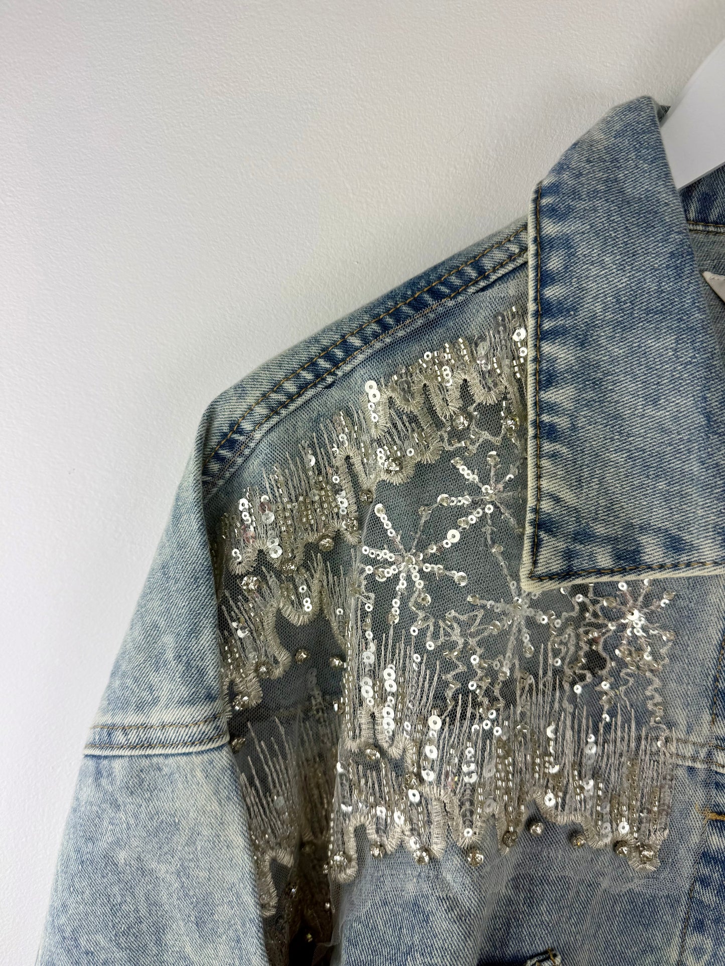 Celeste-Button-Down Denim Jacket with Sheer Panels