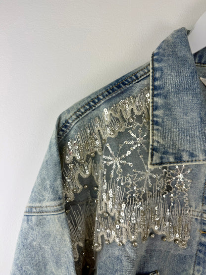 Celeste-Button-Down Denim Jacket with Sheer Panels