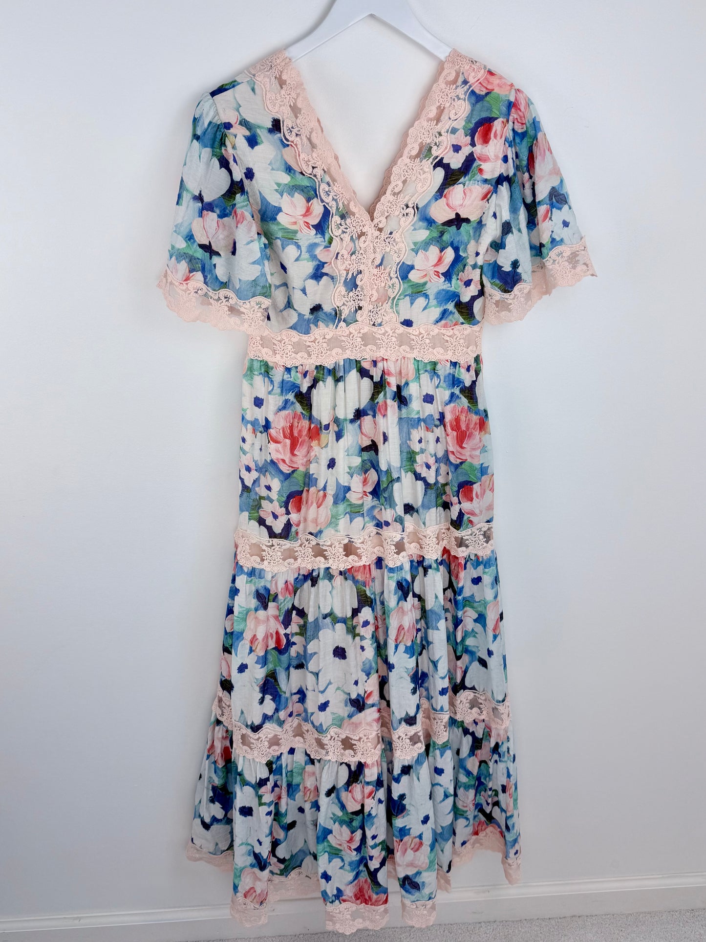 Painted Petals-Flutter Sleeve Lace Maxi