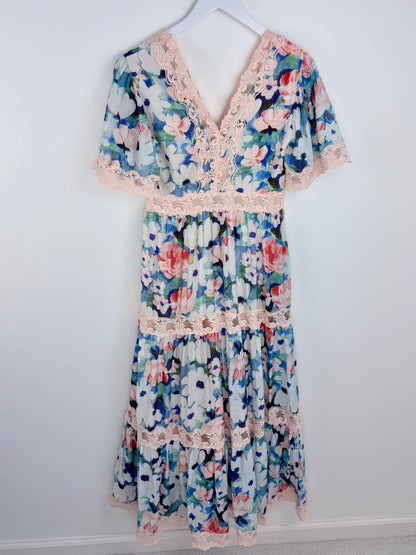 Painted Petals-Flutter Sleeve Lace Maxi