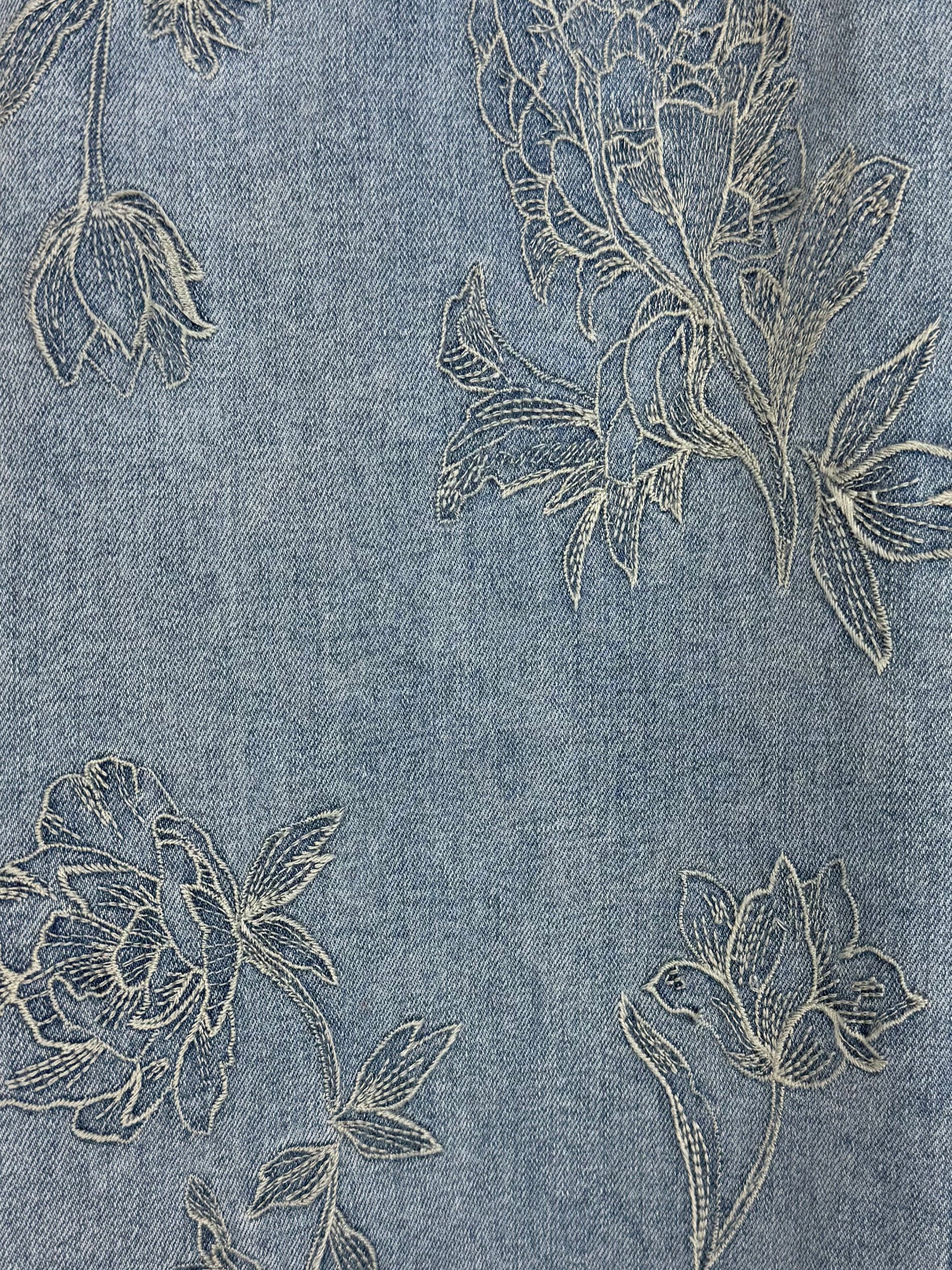 Floral Etch-Embroidered Denim Skirt