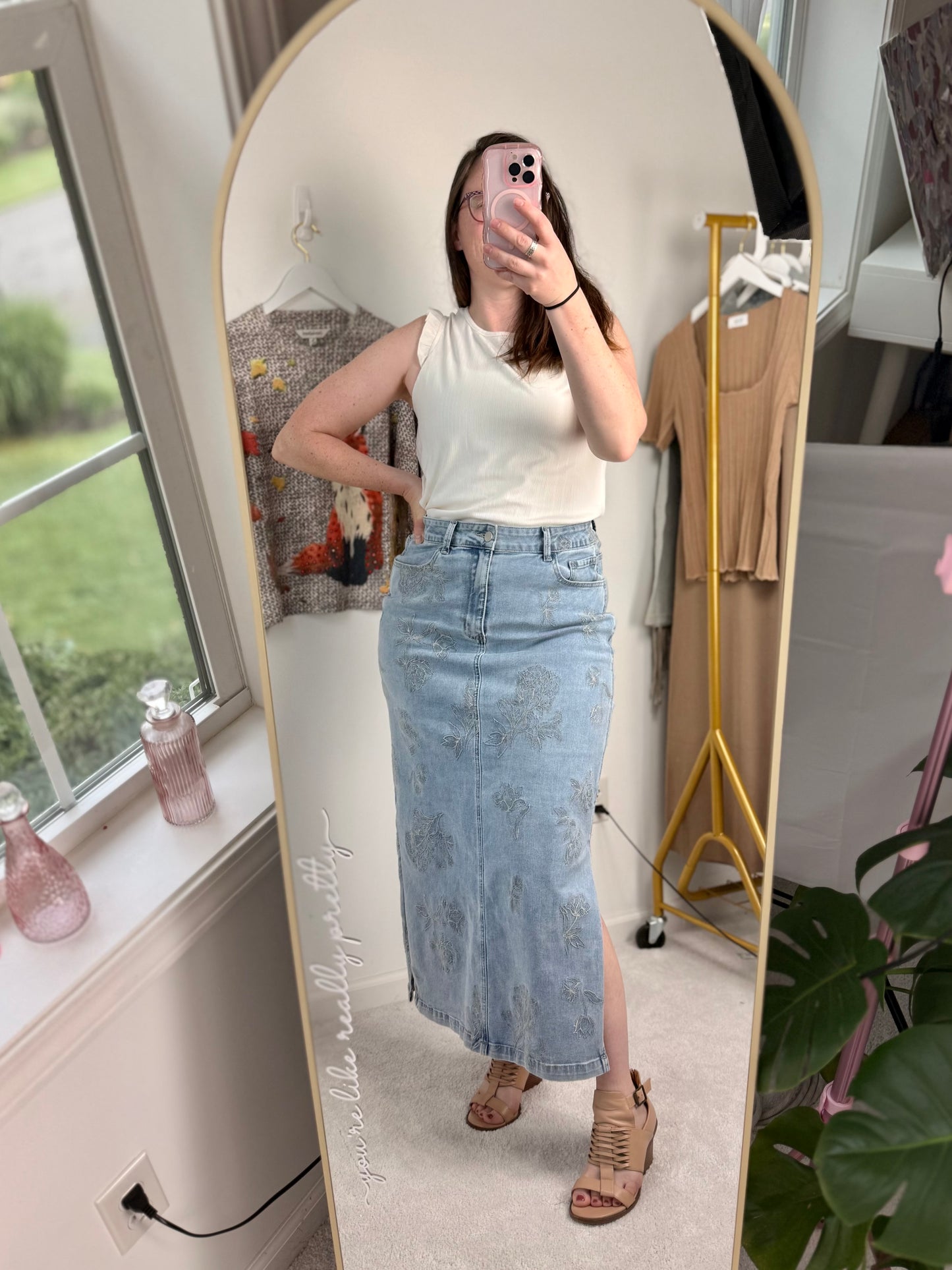 Floral Etch-Embroidered Denim Skirt