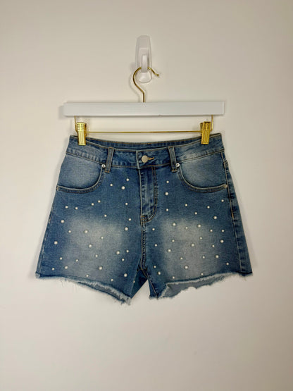 High-rise pearled denim shorts