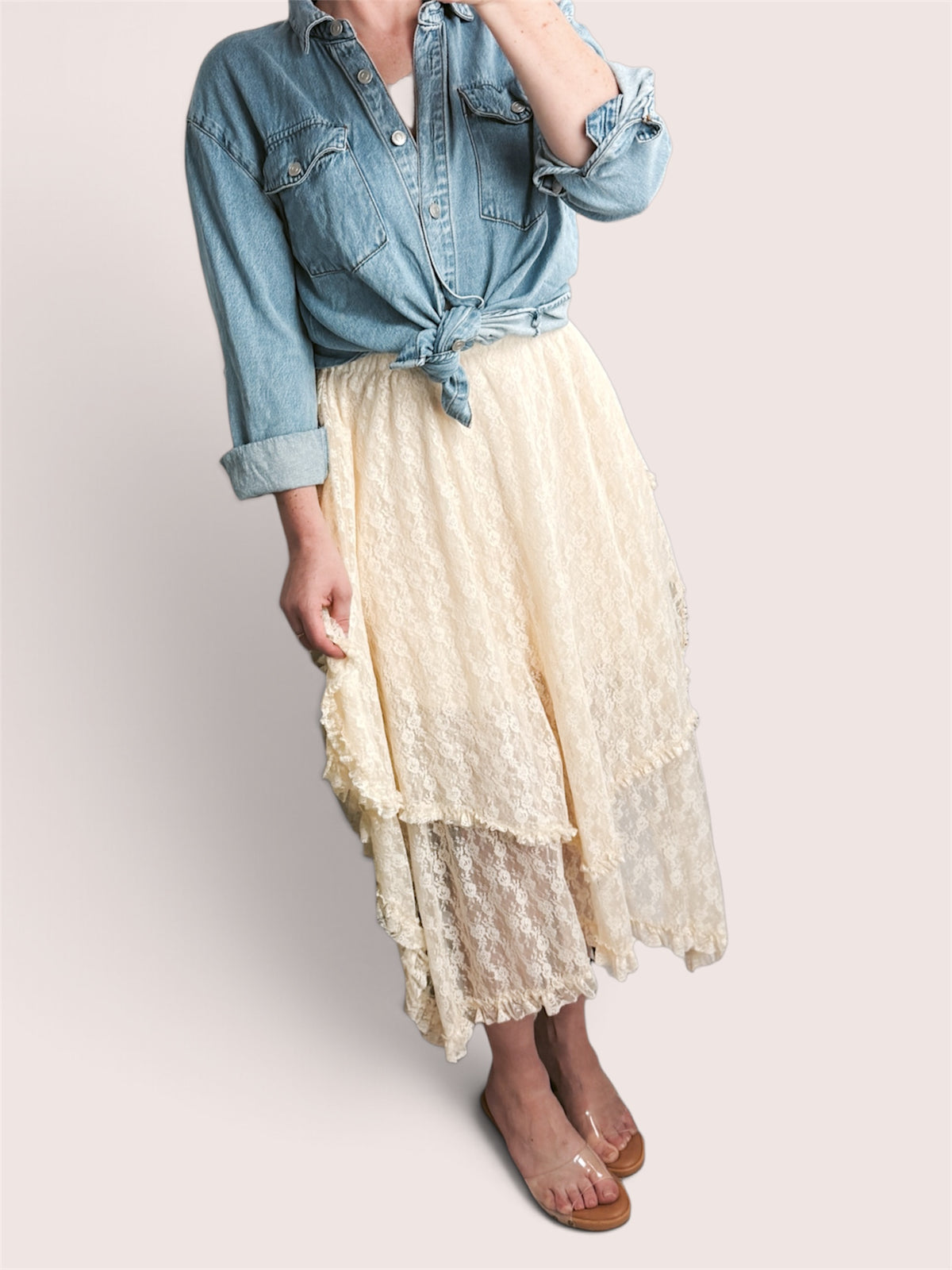 Meadow Grace Tiered Lace Midi Skirt